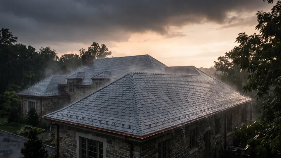 Mist lifting off a long wet roofline as the sky breaks to amber
