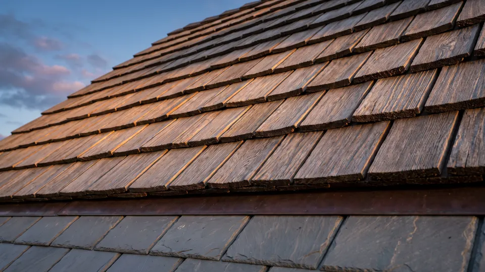 Weathered cedar shingles meeting slate at a clean copper transition