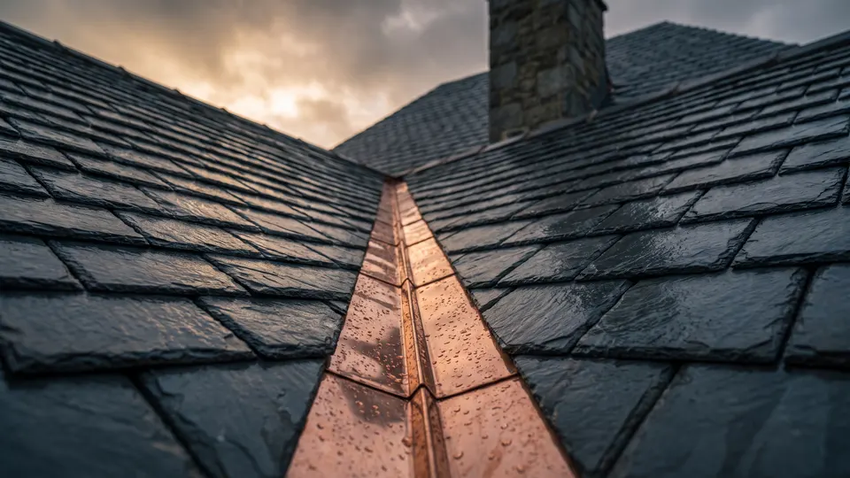 A hand-bent copper valley between two slate planes, beading with rain
