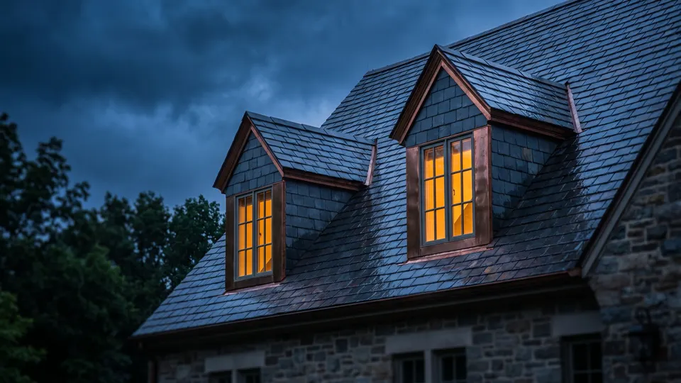 Two dormer windows glowing warm amber against wet slate at blue hour