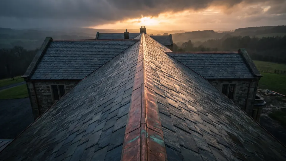 A slate ridge capped in hand-seamed copper, storm cloud breaking behind it