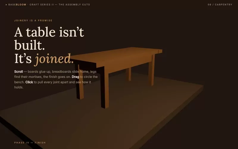 The Table, Joined — a farmhouse table joins itself midair, tenon by tenon