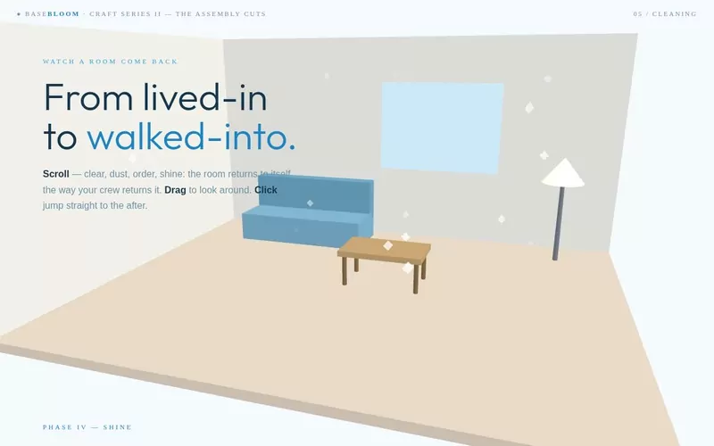 The Room, Returned — a lived-in room restores itself: clear, dust, order, shine