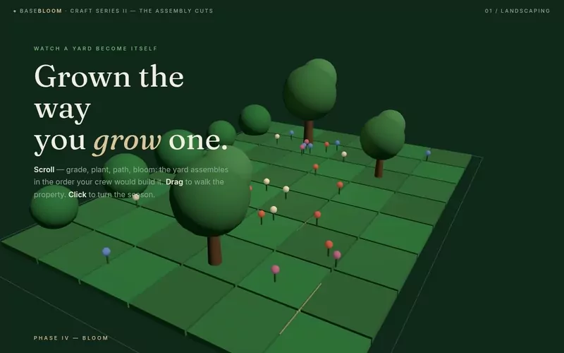 A Yard, Grown — a backyard assembles as you scroll: grade, plant, path, bloom