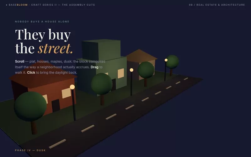The Street, Composed — a whole block assembles: plat, houses, maples, dusk