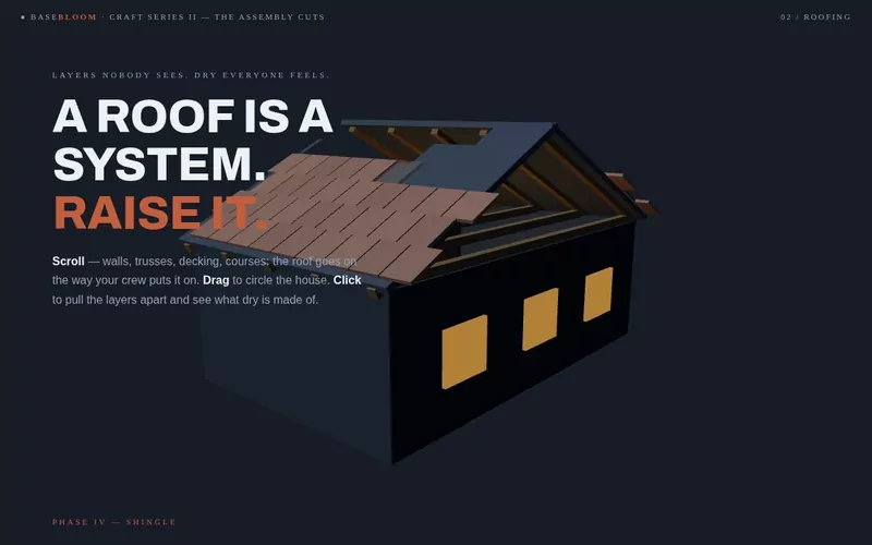 The Roof, Raised — trusses, deck and shingle courses assemble over a home