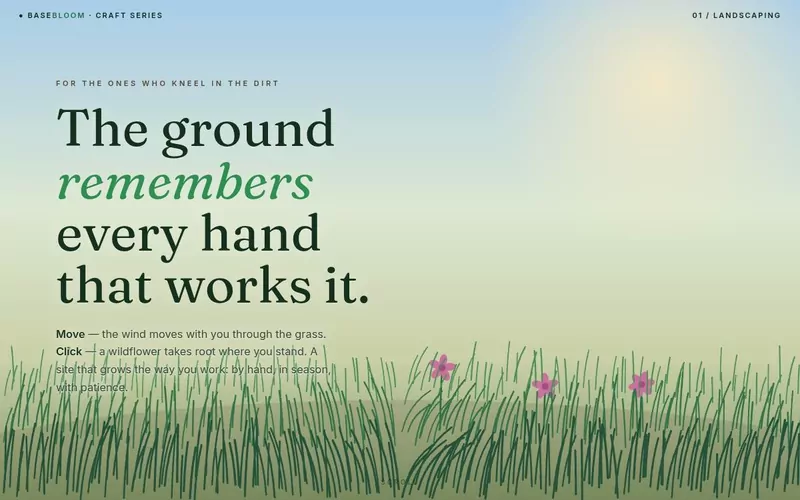 The Meadow — living grass bends with your cursor; clicks plant wildflowers