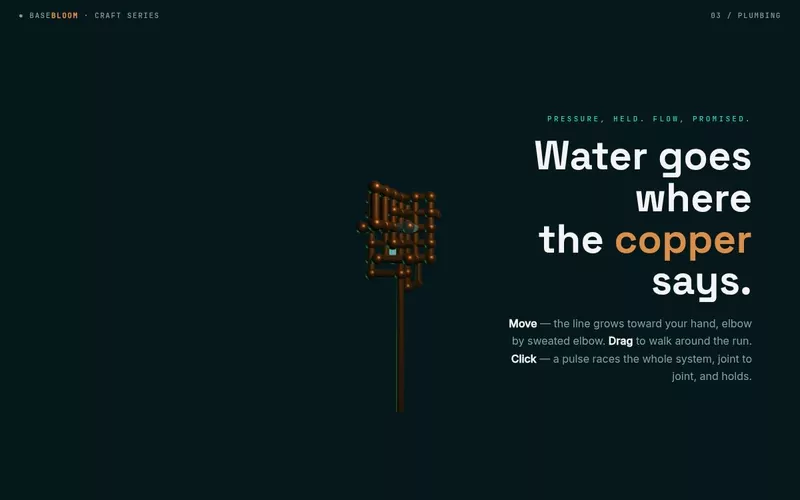 Flow Finds a Way — a 3D copper line grows toward your cursor, elbow by elbow