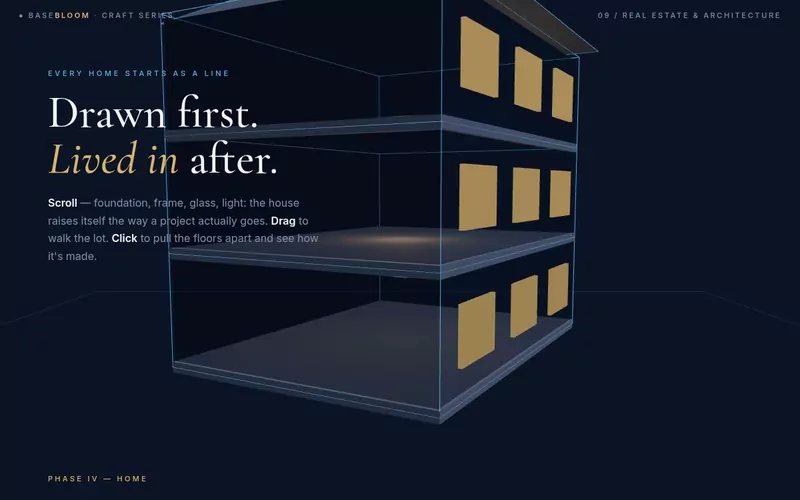 From Line to Life — a home assembles from blueprint lines to lit windows as you scroll