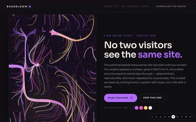 The generative engine — a seeded flow-field artwork, unique every visit
