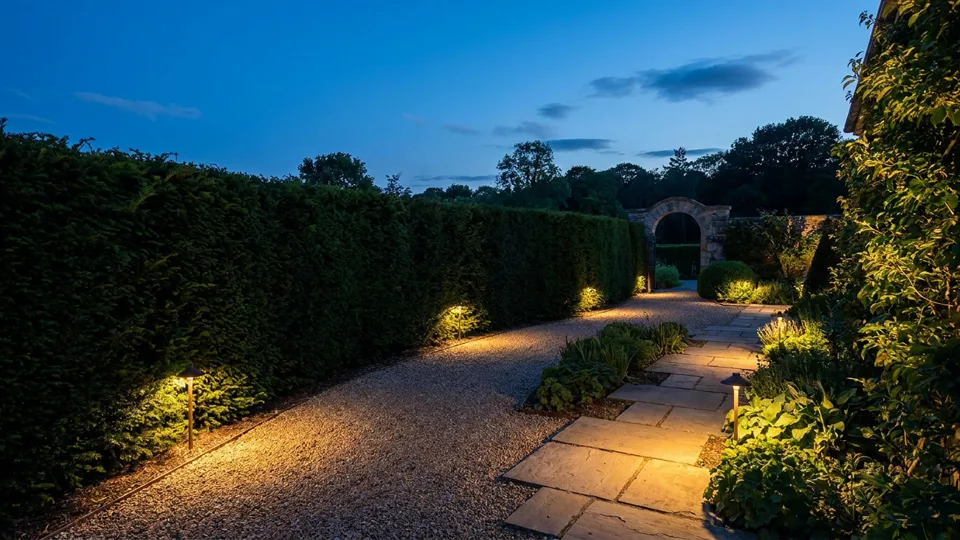 Low path lights glowing along a gravel walk at deep blue dusk