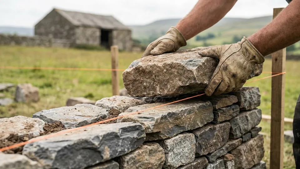 A dry-stone wall mid-build, a capstone being set true to the string line