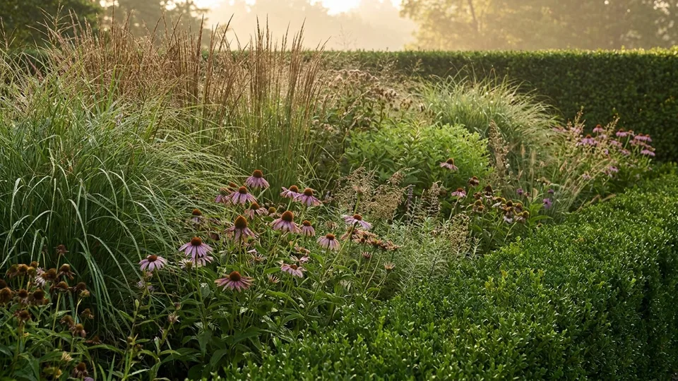 A deep native perennial border in morning light, dew still on the leaves