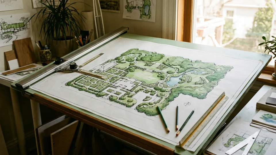 A hand-drawn estate master plan on the drafting table, beds inked in green