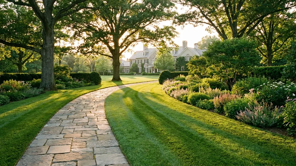 A fieldstone path curving through striped lawn at golden hour